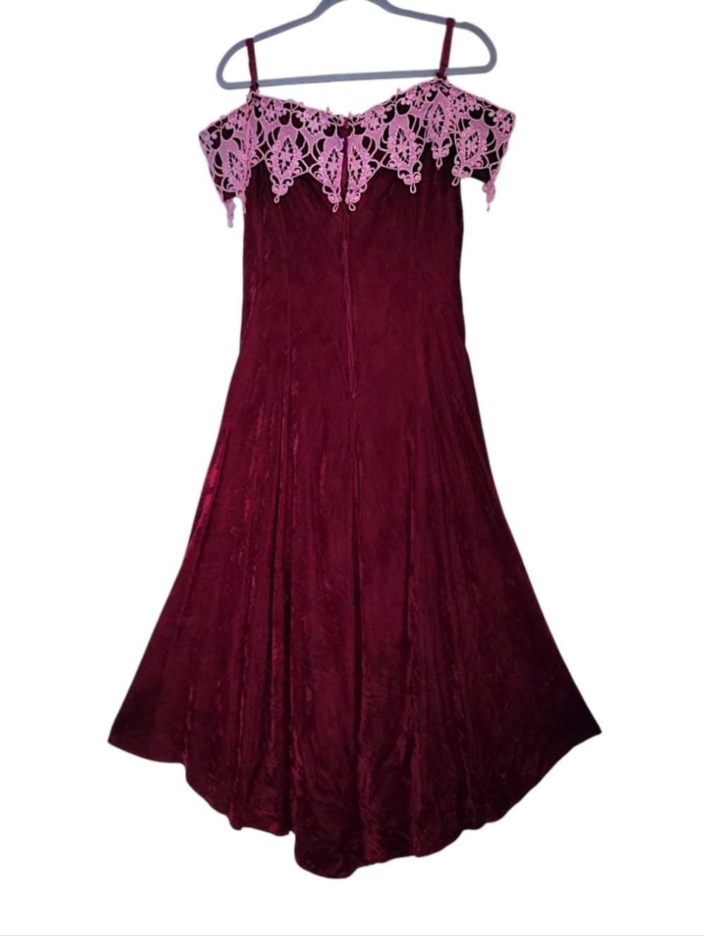 VTG 80s Burgundy Velvet Pink Brocade High Low Midi Prom Dress SZ 15/ 16 - Picture 10 of 13